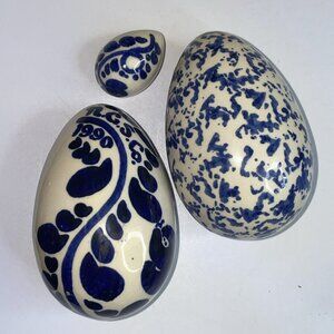 3 Vintage NCS NGS Co. 1990 Ceramic Eggs Blue Signed